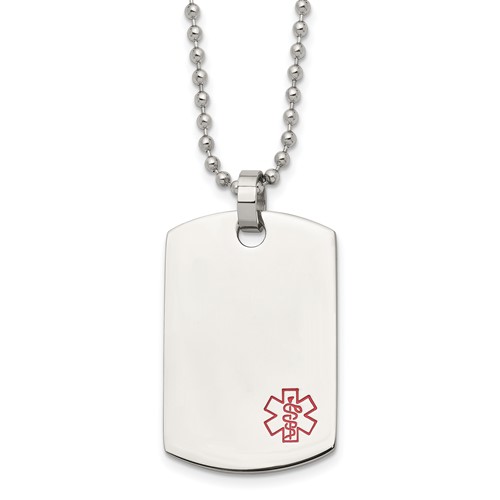 Chisel Stainless Steel Polished Necklace with Red Enamel Medical ID Dog Tag on a Ball Chain, 24"
