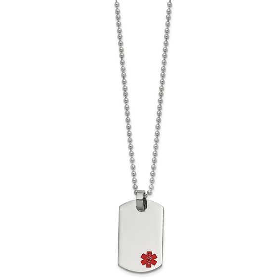 Chisel Stainless Steel Polished with Red Enamel Medical ID Dog Tag on a 24 inch Ball Chain Necklace
