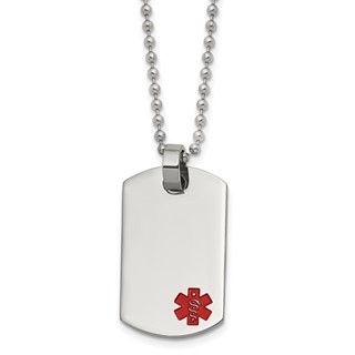 Chisel Stainless Steel Polished with Red Enamel Medical ID Dog Tag on a 24 inch Ball Chain Necklace