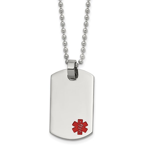 Chisel Stainless Steel Polished Necklace with Red Enamel Medical ID Dog Tag on a Ball Chain, 24"