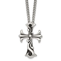 Chisel Stainless Steel Antiqued Polished and Textured Scroll Cross Pendant on a Curb Chain Necklace, 22" view 1