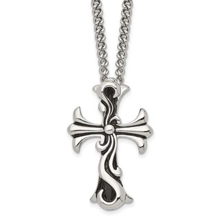Chisel Stainless Steel Antiqued Polished and Textured Scroll Cross Pendant on a 22 inch Curb Chain Necklace