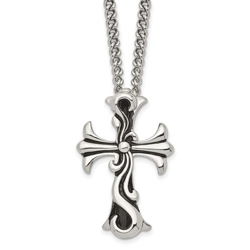 Chisel Stainless Steel Antiqued Polished and Textured Scroll Cross Pendant on a Curb Chain Necklace, 22"