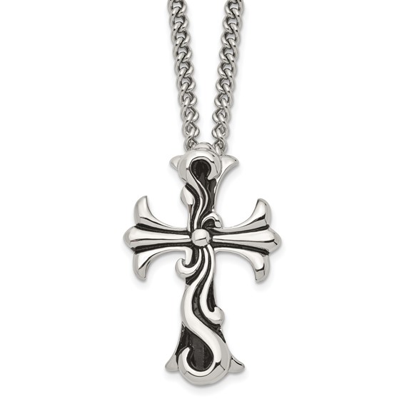 Chisel Stainless Steel Antiqued Polished and Textured Scroll Cross Pendant on a 22 inch Curb Chain Necklace