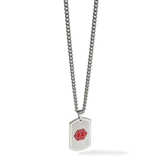 Chisel Stainless Steel Brushed and Polished with Red Enamel Medical ID Dog Tag on a 30 inch Curb Chain Necklace