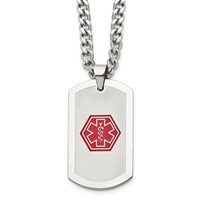 Chisel Stainless Steel Brushed and Polished Necklace with Red Enamel Medical ID Dog Tag on a Curb Chain, 30" view 1