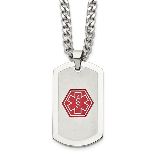 Chisel Stainless Steel Brushed and Polished Necklace with Red Enamel Medical ID Dog Tag on a Curb Chain, 30"