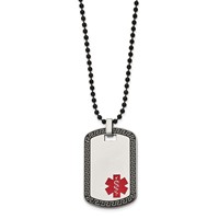 Chisel Stainless Steel Antiqued and Polished Greek Key Edge Necklace with Red Enamel Medical ID Dog Tag on a Black IP-plated Ball Chain, 30" view 3
