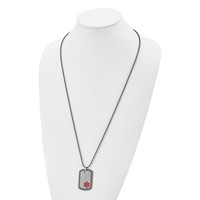 Chisel Stainless Steel Antiqued and Polished Greek Key Edge Necklace with Red Enamel Medical ID Dog Tag on a Black IP-plated Ball Chain, 30" view 4