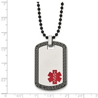 Chisel Stainless Steel Antiqued and Polished Greek Key Edge Necklace with Red Enamel Medical ID Dog Tag on a Black IP-plated Ball Chain, 30" view 5