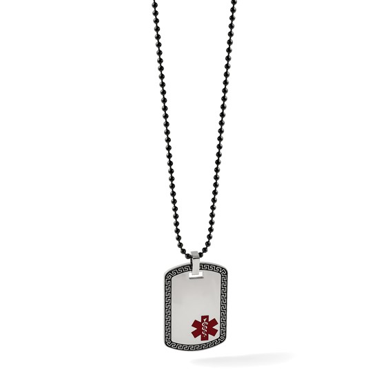 Chisel Stainless Steel Antiqued and Polished Greek Key Edge with Red Enamel Medical ID Dog Tag on a 30 inch Black IP-plated Ball Chain Necklace