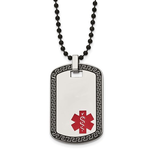 Chisel Stainless Steel Antiqued and Polished Greek Key Edge Necklace with Red Enamel Medical ID Dog Tag on a Black IP-plated Ball Chain, 30"