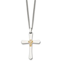 Chisel Stainless Steel Polished Necklace with 14K Gold Accent 0.07 Carat Diamond Cross Pendant on a Curb Chain, 22" view 3