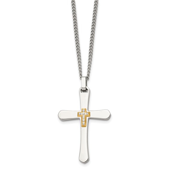 Chisel Stainless Steel Polished with 14k Gold Accent 1/15 carat Diamond Cross Pendant on a 22 inch Curb Chain Necklace