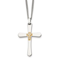 Chisel Stainless Steel Polished Necklace with 14K Gold Accent 0.07 Carat Diamond Cross Pendant on a Curb Chain, 22" view 1