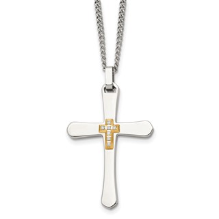 Chisel Stainless Steel Polished with 14k Gold Accent 1/15 carat Diamond Cross Pendant on a 22 inch Curb Chain Necklace