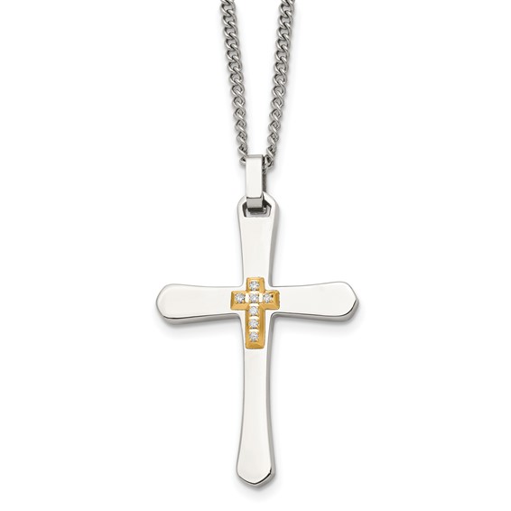 Chisel Stainless Steel Polished with 14k Gold Accent 1/15 carat Diamond Cross Pendant on a 22 inch Curb Chain Necklace