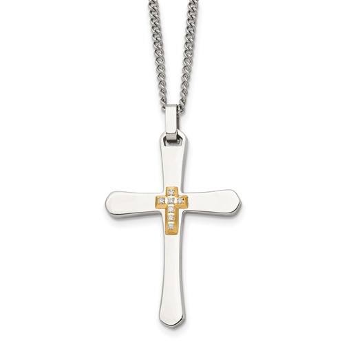 Chisel Stainless Steel Polished Necklace with 14K Gold Accent 0.07 Carat Diamond Cross Pendant on a Curb Chain, 22"