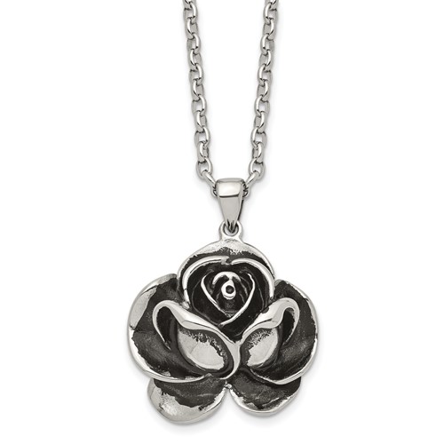 Chisel Stainless Steel Antiqued and Polished Flower Pendant on a Cable Chain Necklace, 24"