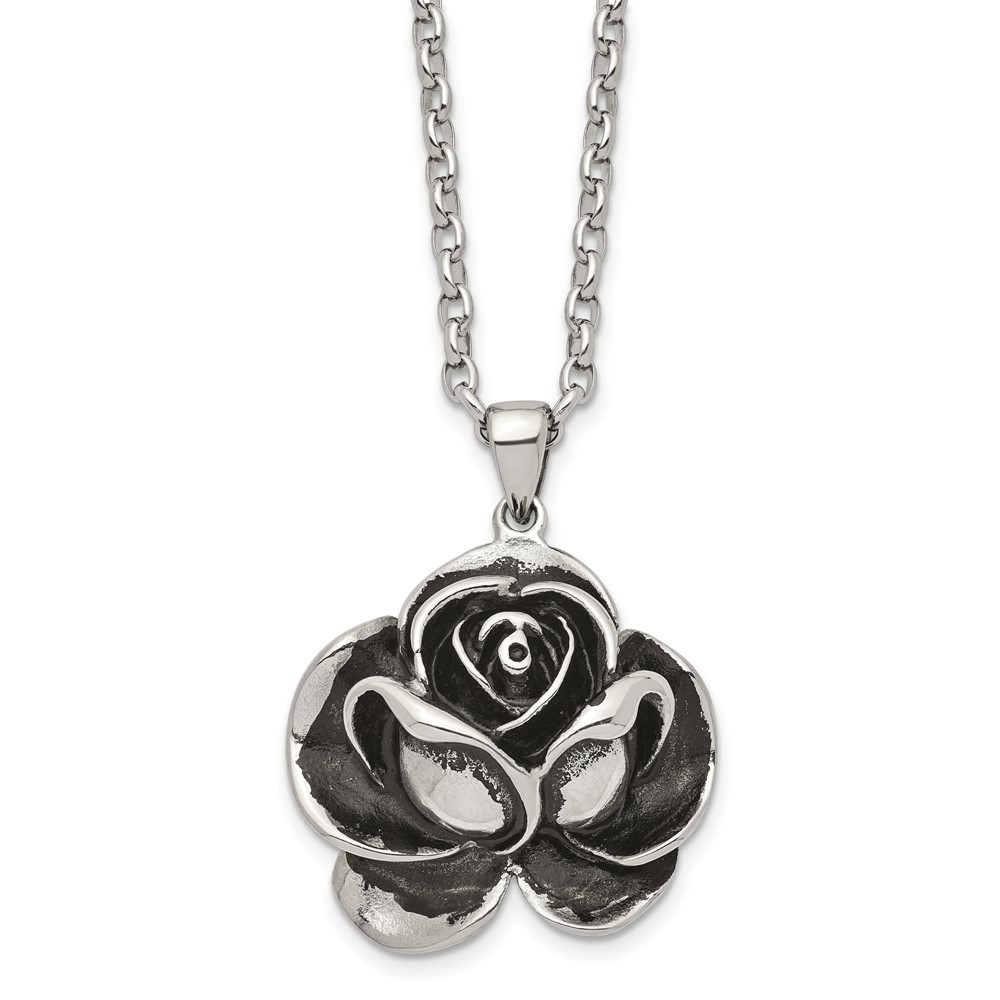 Stainless Steel Antiqued and Polished Flower 24in Necklace