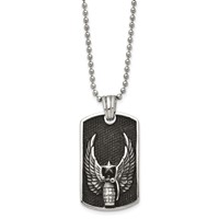 Chisel Stainless Steel Antiqued and Polished Black IP-plated Grenade Necklace with Wings Dog Tag on a Ball Chain, 22" view 2