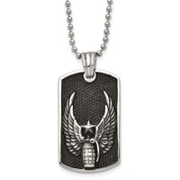 Chisel Stainless Steel Antiqued and Polished Black IP-plated Grenade Necklace with Wings Dog Tag on a Ball Chain, 22" view 1