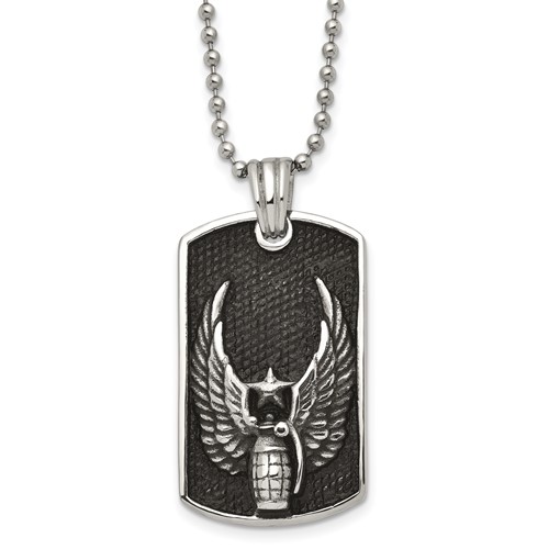 Chisel Stainless Steel Antiqued and Polished Black IP-plated Grenade Necklace with Wings Dog Tag on a Ball Chain, 22"