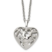 Stainless Steel Polished Filigree Puffed Heart Necklace, 20" view 1