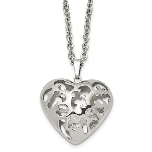 Stainless Steel Polished Filigree Puffed Heart Necklace, 20"