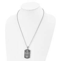 Stainless Steel Polished Necklace with Black Enamel Cross Dog Tag, 22" view 4