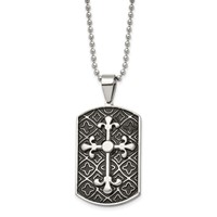 Stainless Steel Polished Necklace with Black Enamel Cross Dog Tag, 22" view 1