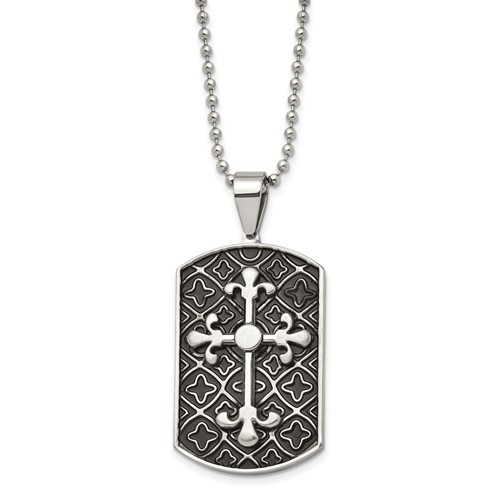 Stainless Steel Polished Necklace with Black Enamel Cross Dog Tag, 22"