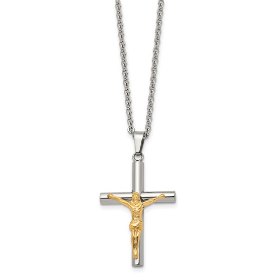 Chisel Stainless Steel Polished Yellow IP-plated Crucifix Pendant on a 20 inch Cable Chain Necklace