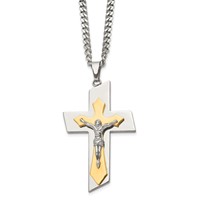 Chisel Stainless Steel Brushed and Polished Yellow IP-plated Crucifix on a Curb Chain Necklace, 24" view 3