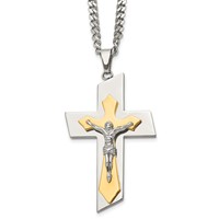 Chisel Stainless Steel Brushed and Polished Yellow IP-plated Crucifix on a Curb Chain Necklace, 24" view 1