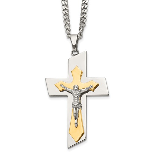 Chisel Stainless Steel Brushed and Polished Yellow IP-plated Crucifix on a Curb Chain Necklace, 24"