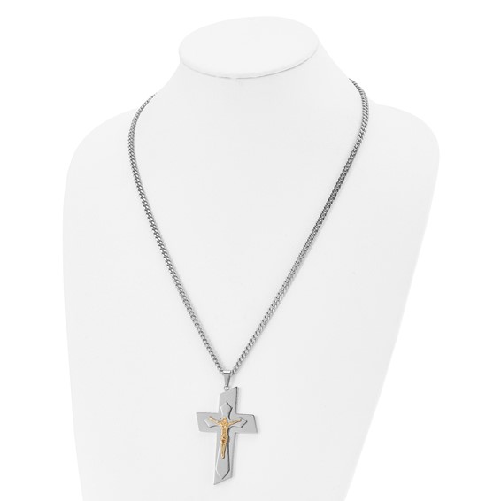 Stainless Steel Polished Yellow IP-plated Crucifix 24 inch Necklace