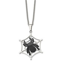 Stainless Steel Polished Black IP-plated Spider on Web Necklace, 22" view 1