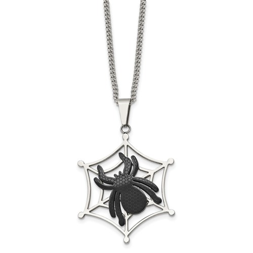 Stainless Steel Polished Black IP-plated Spider on Web Necklace, 22"