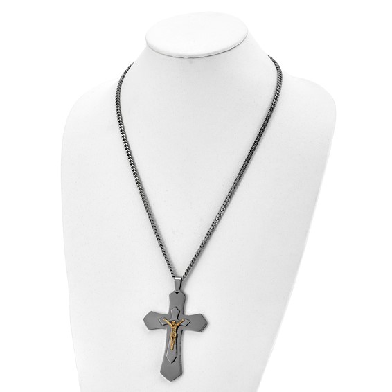 Chisel Stainless Steel Polished Yellow IP-plated Large Crucifix Pendant on a 24 inch Curb Chain Necklace