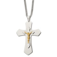 Chisel Stainless Steel Polished Yellow IP-plated Large Crucifix Pendant on a Curb Chain Necklace, 24" view 1