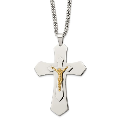 Chisel Stainless Steel Polished Yellow IP-plated Large Crucifix Pendant on a Curb Chain Necklace, 24"