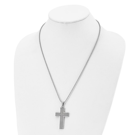 Chisel Stainless Steel Polished Black IP-plated 1/20 carat Black Diamond Striped Cross Pendant on a 22 inch Ball Chain Necklace
