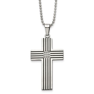 Chisel Stainless Steel Polished Black IP-plated 1/20 carat Black Diamond Striped Cross Pendant on a 22 inch Ball Chain Necklace