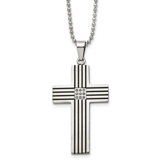 Chisel Stainless Steel Polished Black IP-plated 1/20 carat Black Diamond Striped Cross Pendant on a 22 inch Ball Chain Necklace