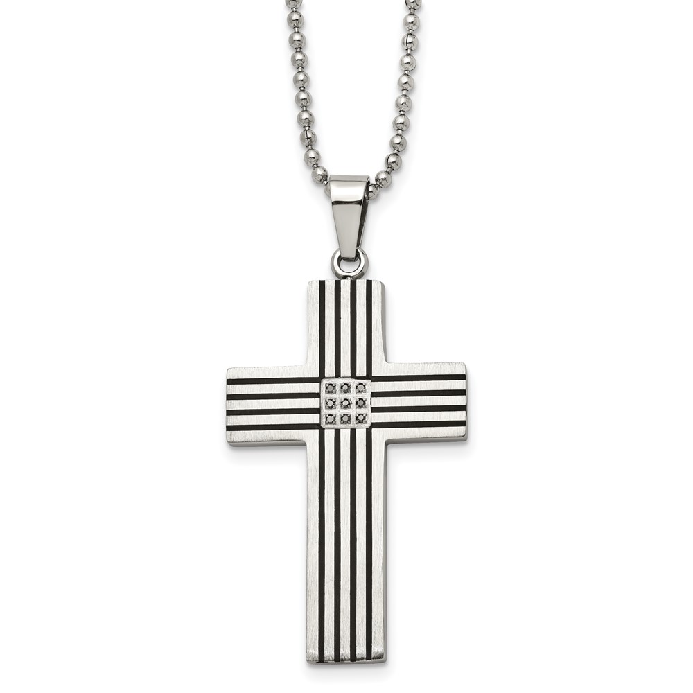 Stainless Steel Polished Black IP-plated 1/20ct Black Dia Cross Necklace