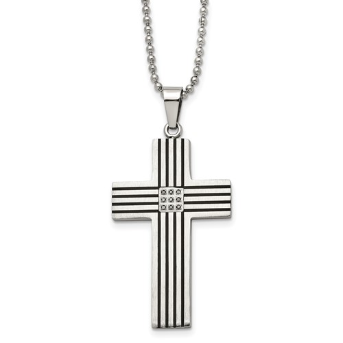 Chisel Stainless Steel Polished Black IP-plated 0.05 Carat Black Diamond Striped Cross Pendant on a Ball Chain Necklace, 22"