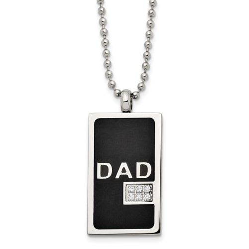 Chisel Stainless Steel Polished Black IP-plated Necklace with CZ Dad Dog Tag on a Ball Chain, 24"