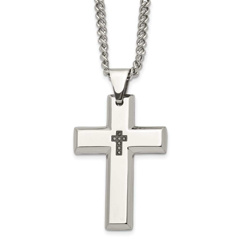 Stainless Steel Polished 1/10ct Black Diamond 22in Cross Necklace