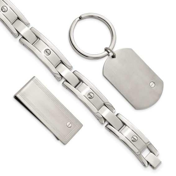 "Chisel Stainless Steel Brushed and Polished 8.25 inch Bracelet, Money Clip and Key Ring Set "